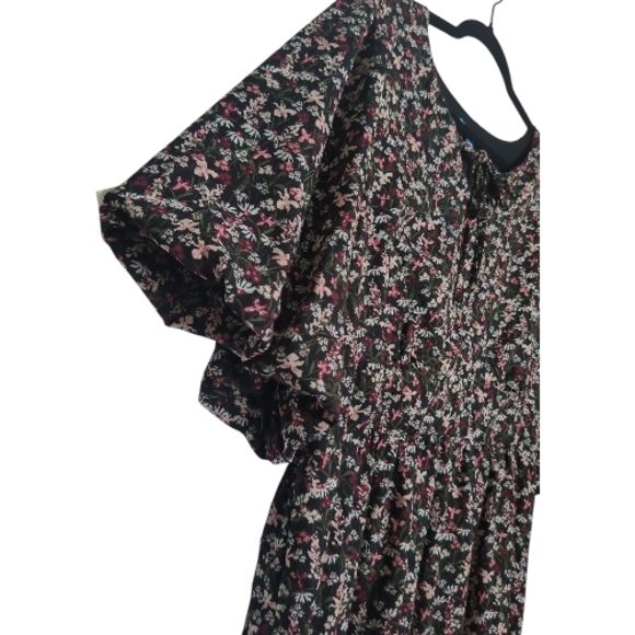Draper James XL Black Floral Tiered Fit And Flare Midi Dress Elbow Puff Sleeves - Picture 3 of 8